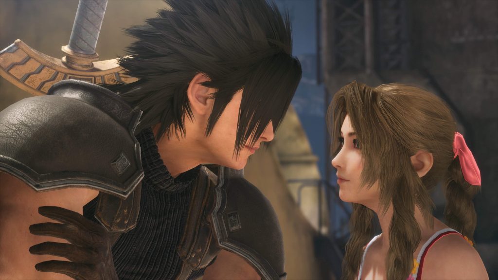 Zack dan Aerith dari gim Final Fantasy VII Crisis Core Reunion saling memandang