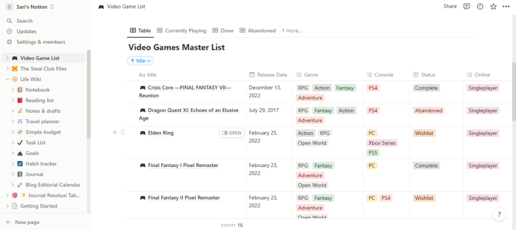 Tampilan Notion Video Game List-ku